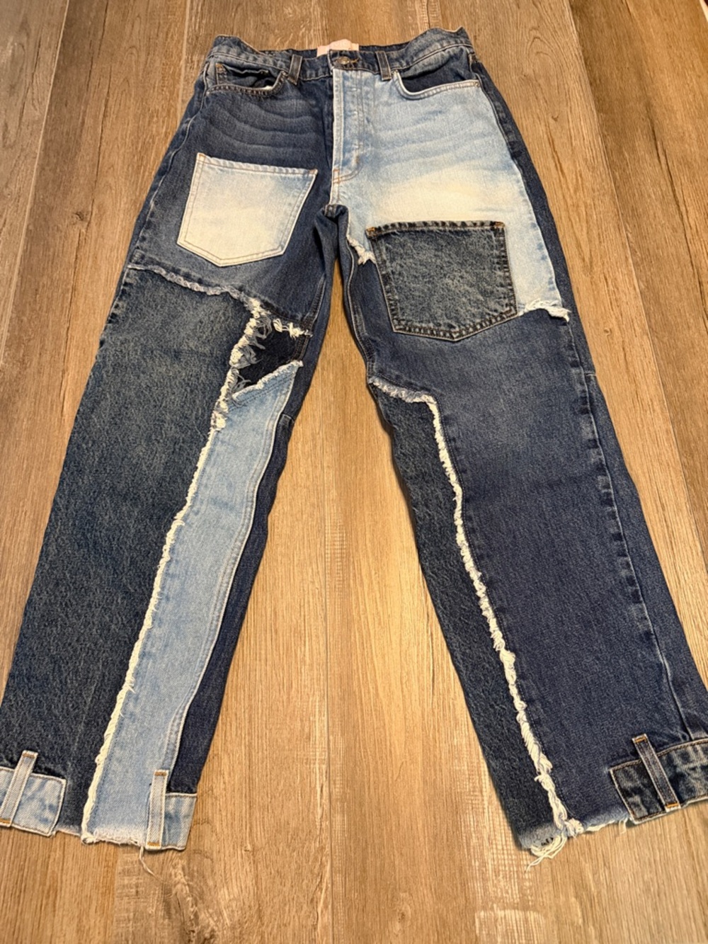REVICE Two-Tone Patchwork Straight Jeans in Dark and Light Blue